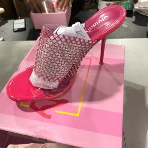 Pink Barbiecore WOMENS CLEAR MESH STRAPS HEELED SANDALS SIZE 7